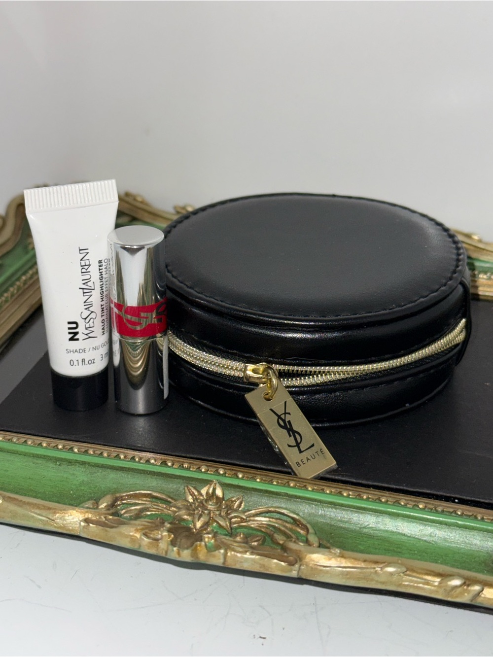 Yves Saint Laurent BlackRound Zip Case with mini lip and highlighter